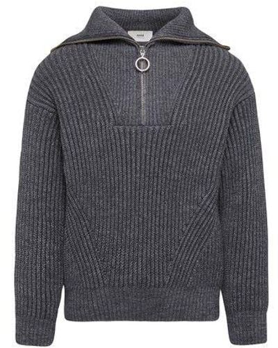Ami Paris Virgin Wool Half-zip Sweater - Gray
