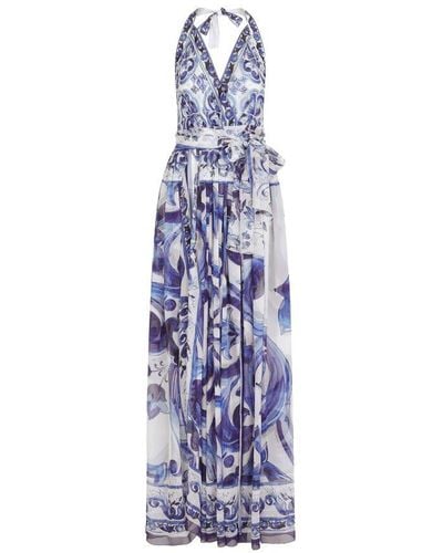 Dolce & Gabbana Long Sleeveless Chiffon Dress With Majolica Print - Blue