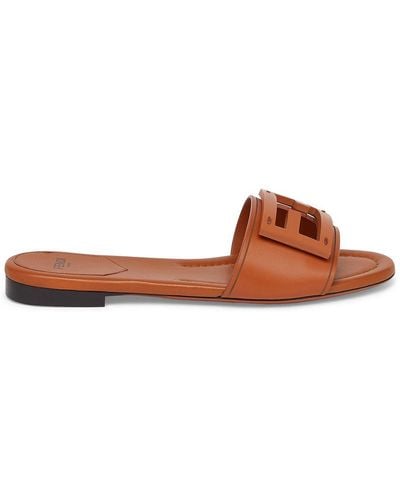 Fendi Logo Leather Slide Sandals - Brown