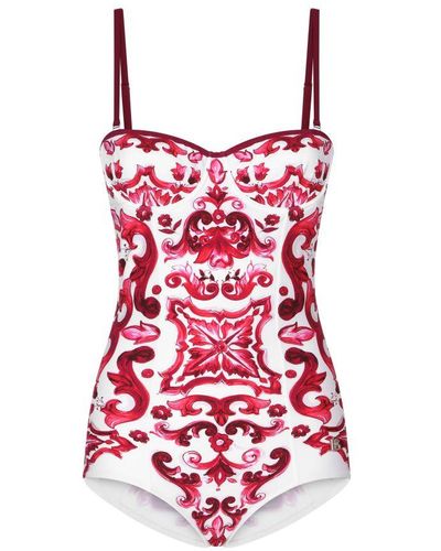 Dolce & Gabbana Majolica Print Balconette One-Piece Swimsuit - Red