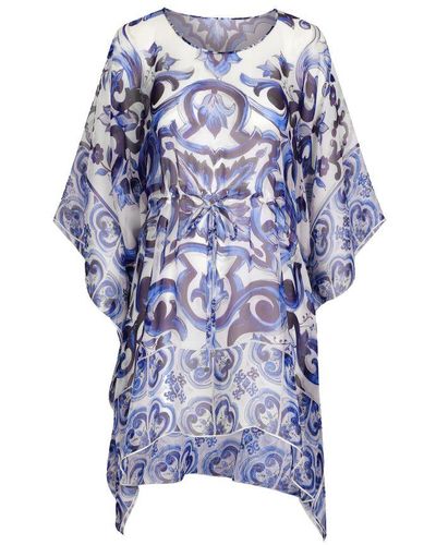 Dolce & Gabbana Short Kaftan In Majolica Print Chiffon - Blue