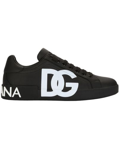 Dolce & Gabbana Calfskin Nappa Portofino Sneakers With Dg Logo Print - Black