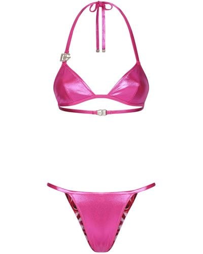 Dolce & Gabbana Bikini triangle en tissu lamé avec logo - Violet