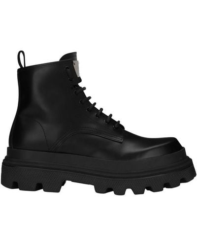 Dolce & Gabbana Logo Tag Leather Combat Boots Boots, Ankle Boots - Black