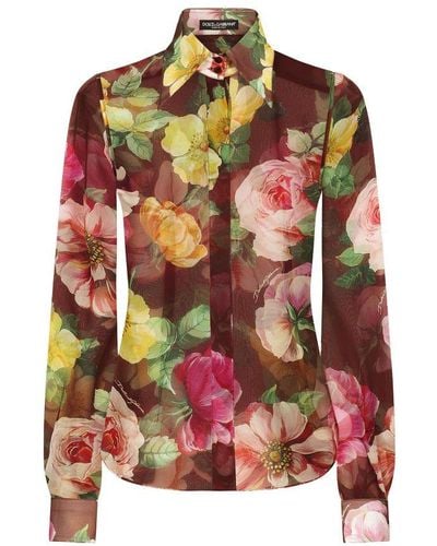 Dolce & Gabbana Camellia-Print Chiffon Shirt - Red