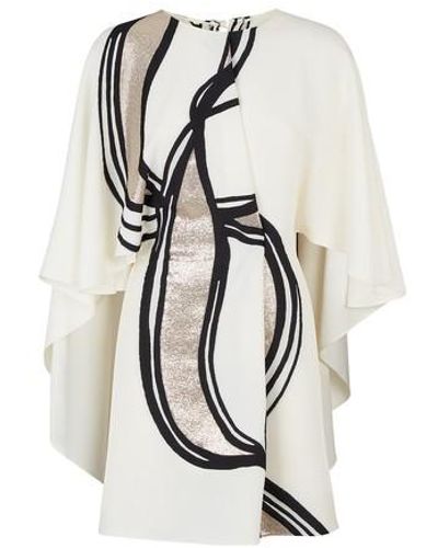 Fendi Cady Painterly Metallic Cape Dress - White