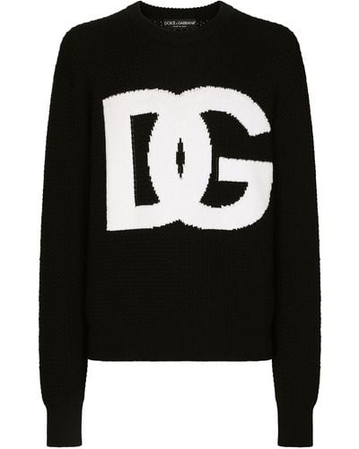 Dolce & Gabbana Pull à col rond en laine avec logo DG intarsia - Noir