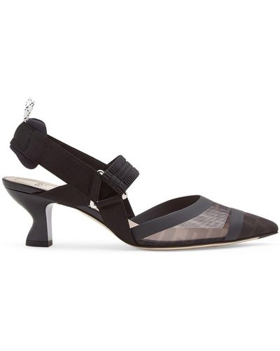 Fendi Black Leather And Mesh Slingbacks With Medium Heel - Brown