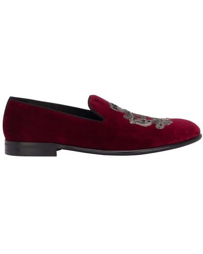 Dolce & Gabbana Velvet Slippers With Coat Of Arms Embroidery - Red