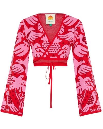FARM Rio Jungle Scarf Cropped Jacquard-knit Wrap Top - Red