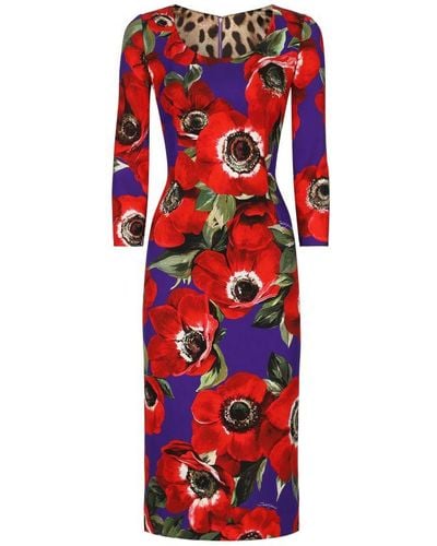 Dolce & Gabbana Charmeuse Sheath Dress With Anemone - Red
