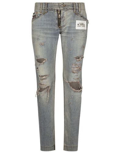 Dolce & Gabbana Washed Denim Jeans With Rips - Gray