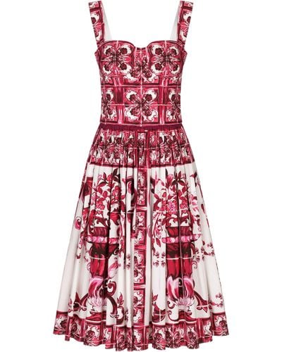 Dolce & Gabbana Midi-Bustierkleid aus Popeline mit Majolika-Print - Rot