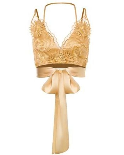 Alberta Ferretti Satin And Tulle Crop Top With Flower Embroidery - Metallic