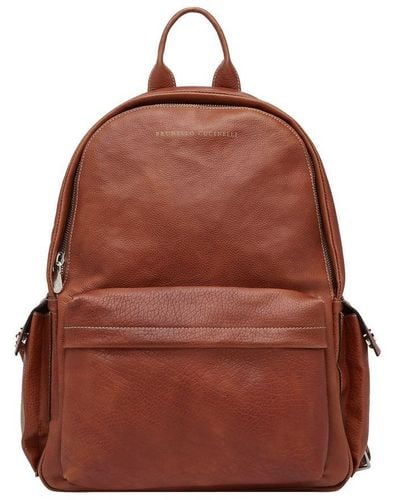 Brunello Cucinelli Logo-Stamp Leather Backpack - Brown