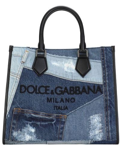 Dolce & Gabbana Denim Patchwork Edge Shopper With Logo - Blue