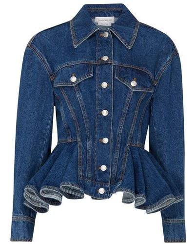Alexander McQueen Belted Denim Jacket With Ruffles - Blue