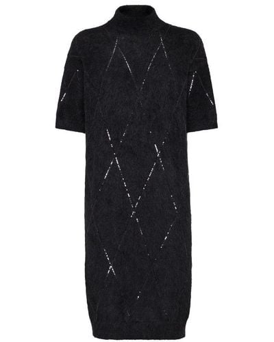 Brunello Cucinelli Dress With Dazzling Argyle Embroidery - Black