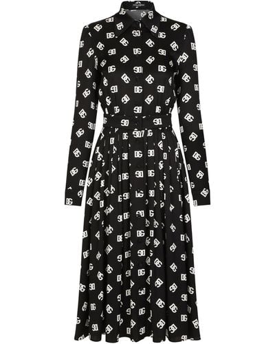 Dolce & Gabbana Longuette-Kleid Aus Charmeuse Dg-Print Allover - Schwarz