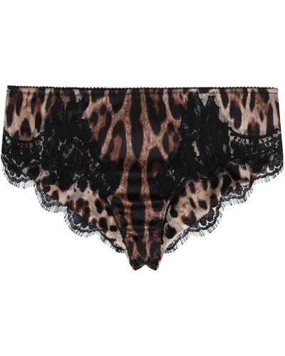 Dolce & Gabbana Leopard-print Satin Briefs With Lace Detailing - Black