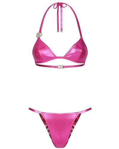 Dolce & Gabbana Laminated Triangle Bikini Top With Dg Logo - Pink