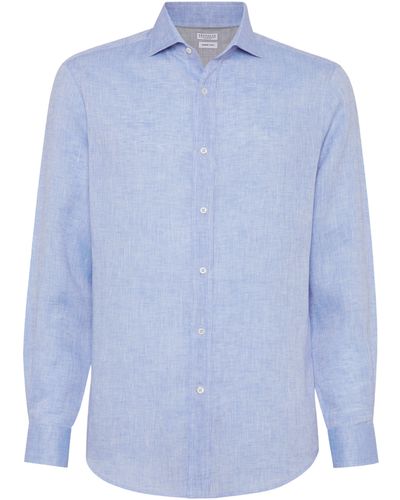 Brunello Cucinelli Chemise en lin à coupe easy et à col large - Bleu