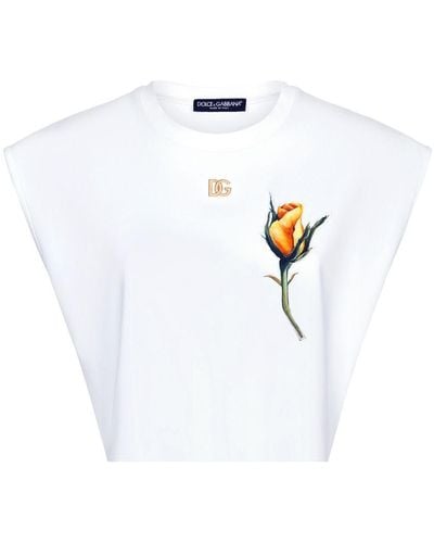 Dolce & Gabbana Cropped Jersey T-Shirt With Dg Logo And Rose-Embroidered Patch - White