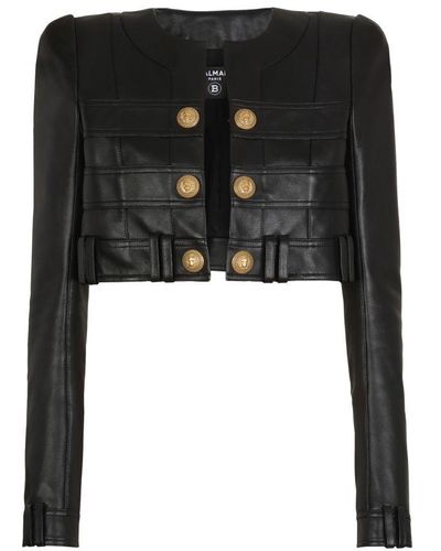 Balmain Leather Collarless Cropped Jacket - Black