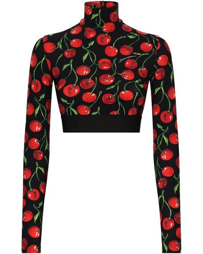 Dolce & Gabbana Haut en jersey technique à col haut avec bande élastique à logo et imprimé cerises - Rouge