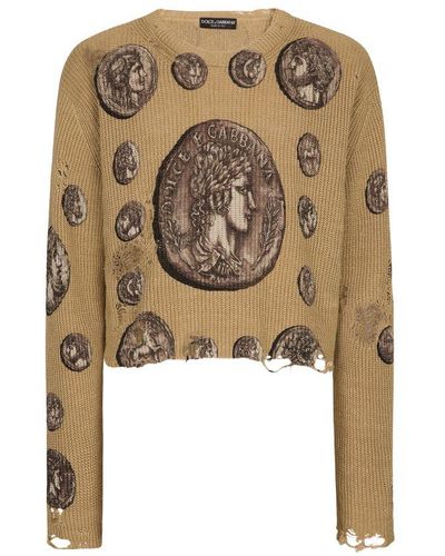 Dolce & Gabbana Linen Crewneck Sweater With Print - Metallic