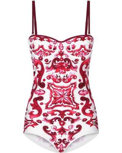 Dolce & Gabbana Einteiliger Balconette-Badeanzug mit Majolika-Print - Rot