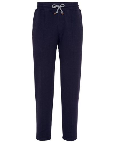 Brunello Cucinelli Fleecy Cotton Pants With Front Crease - Blue
