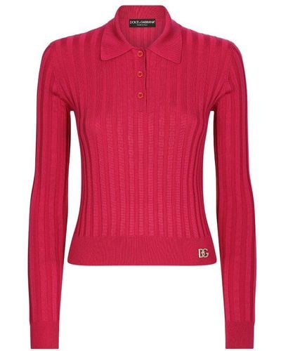 Dolce & Gabbana Cropped Polo Shirt In Ribbed Silk - Red