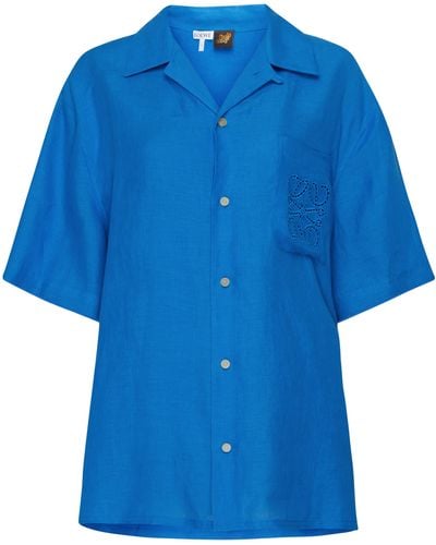 Loewe Leinenhemd mit kurzen Ärmeln Anagram - Blau