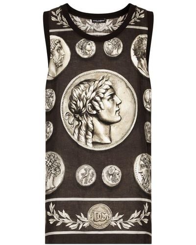 Dolce & Gabbana Coin Print Tank Top In Cotton And Linen - Black