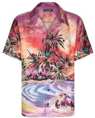 Dolce & Gabbana Silk Twill Shirt With Hawaiian Print - Pink