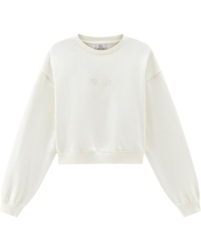 Woolrich Rundhals-Sweatshirt aus reiner Baumwolle mit gesticktem Logo - Weiß