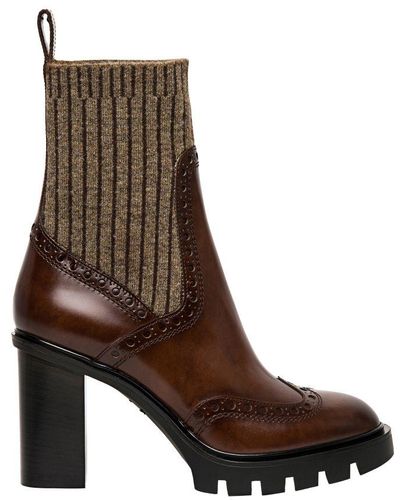 Santoni Leather Mid-Heel Brogue Sock Boots - Brown