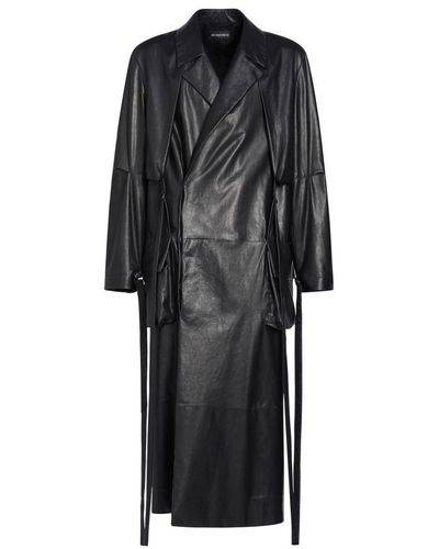 Ann Demeulemeester Ronny Long Trench Coat Crumpled Paper Effect Leather - Black