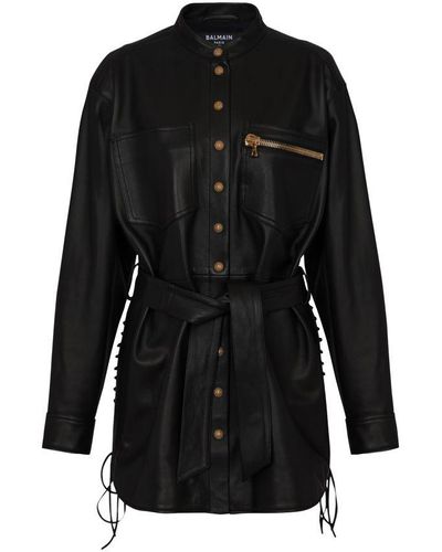 Balmain Leather Overshirt With Lace-Up Details - Black