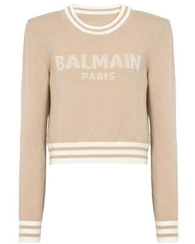 Balmain Cropped Wool Sweatshirt With Logo - Natural