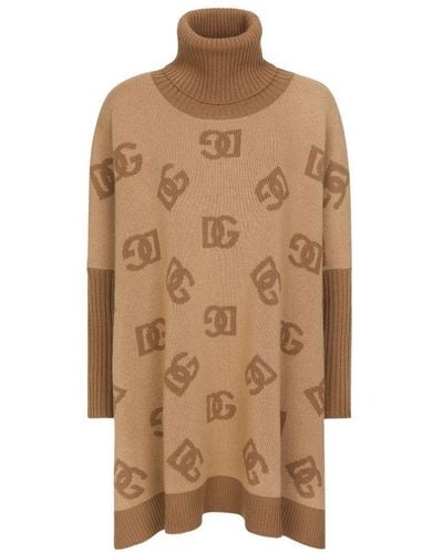 Dolce & Gabbana Short Wool Turtle-Neck Poncho With Dg Inlay - Brown