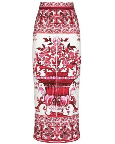 Dolce & Gabbana Majolica-Print Charmeuse Calf-Length Skirt - Red