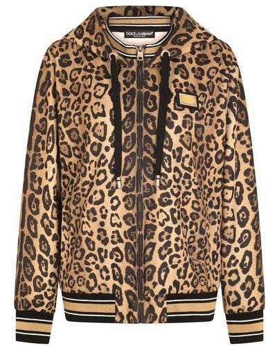 Dolce & Gabbana Zip-up Jersey Hoodie With Leopard Print - Brown