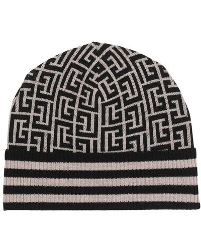 Balmain Monogrammed Embroidered Wool Hat - Black