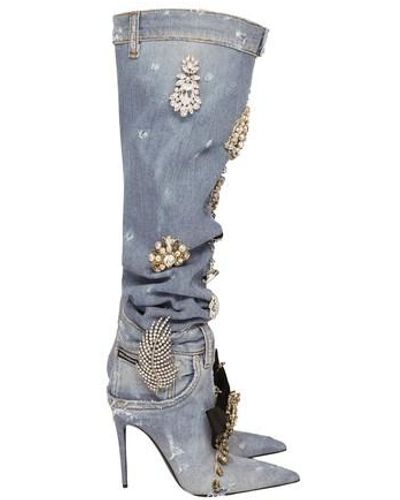 Dolce & Gabbana Patchwork Denim Boots With Embroidery - Grey