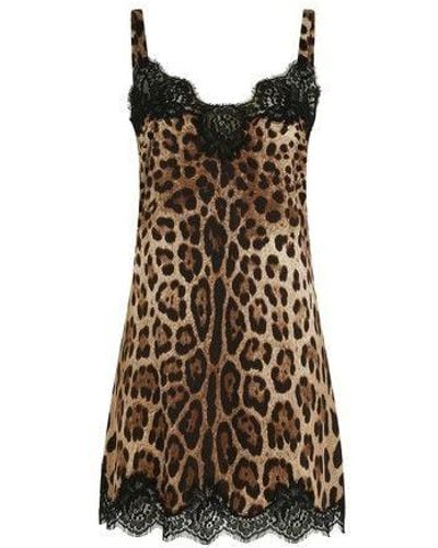 Dolce & Gabbana Leopard-print Satin Lingerie Slip With Lace Detailing - Brown