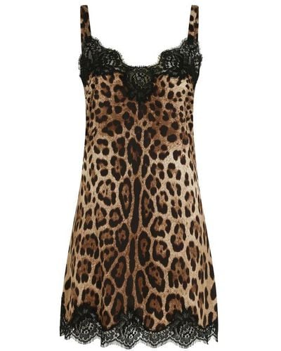 Dolce & Gabbana Leopard-Print Satin Lingerie Slip With Lace Detailing - Brown