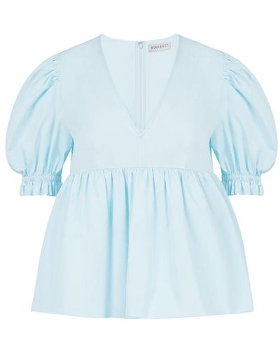 Nina Ricci Babydoll Top With Ruched Sleeves - Blue