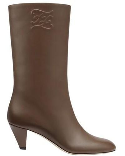 Fendi Leather Boots With Medium Heel - Brown